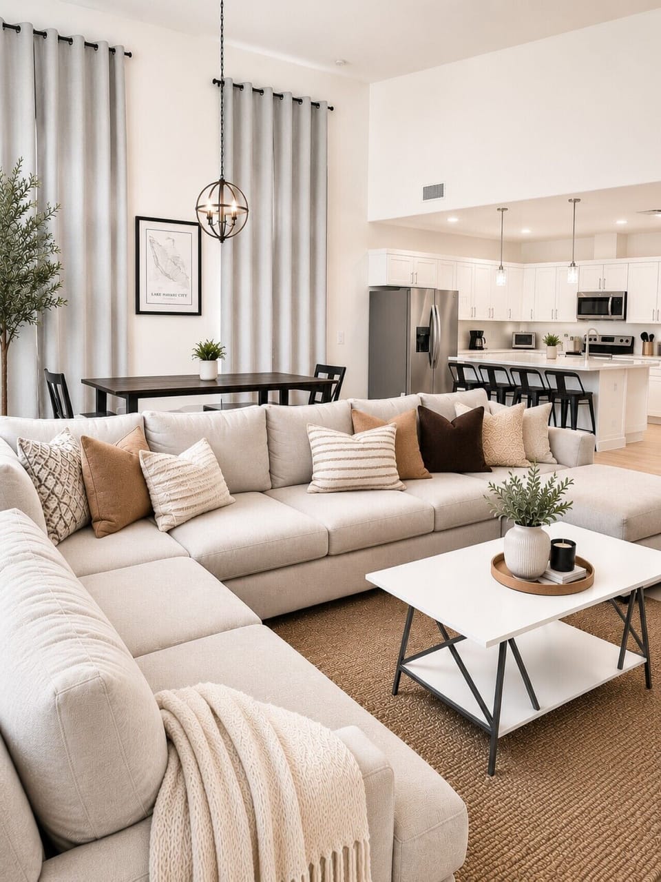 Spacious open-concept layout where the living room, dining area, and kitchen all flow together. The bright, airy design makes it easy for everyone to relax and spend time together in one connected space.
