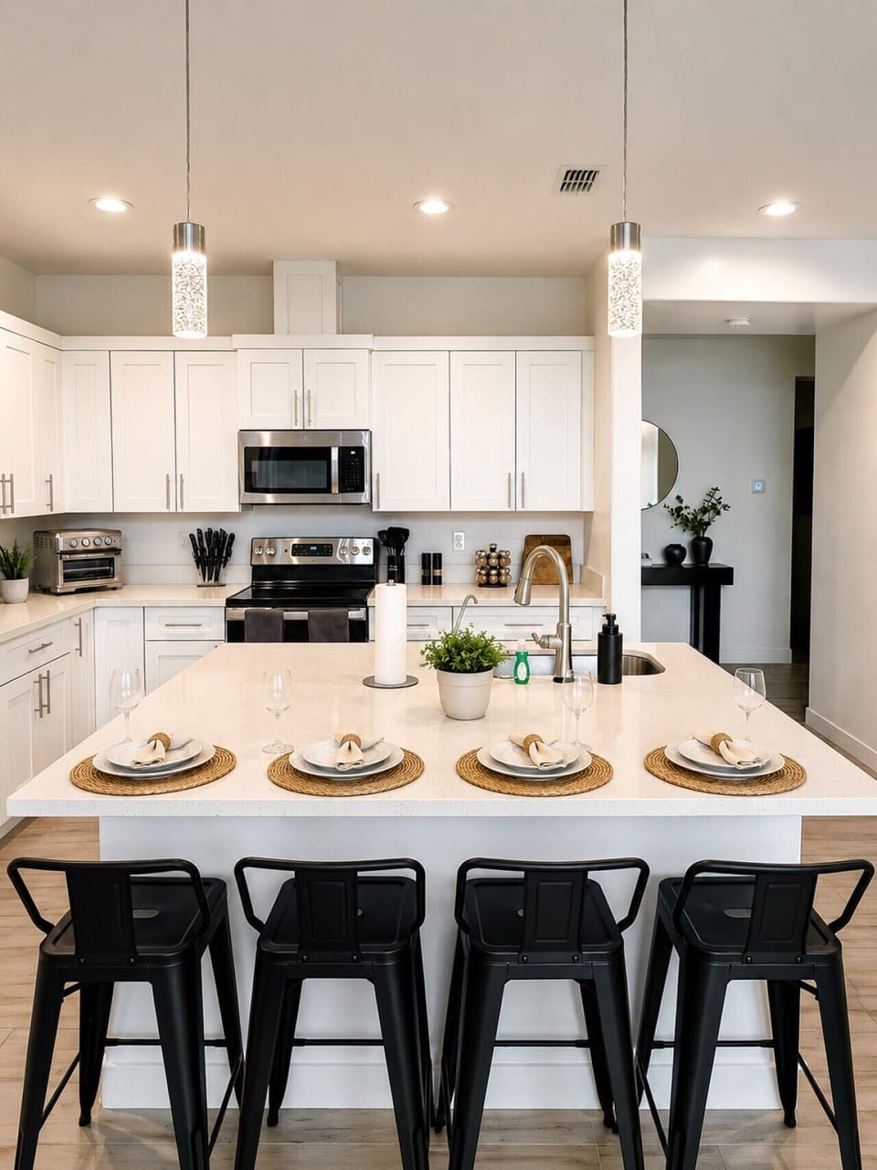 Fully equipped kitchen with stainless steel appliances, including microwave, oven, dishwasher, and refrigerator — stocked with everything you need to cook at home.