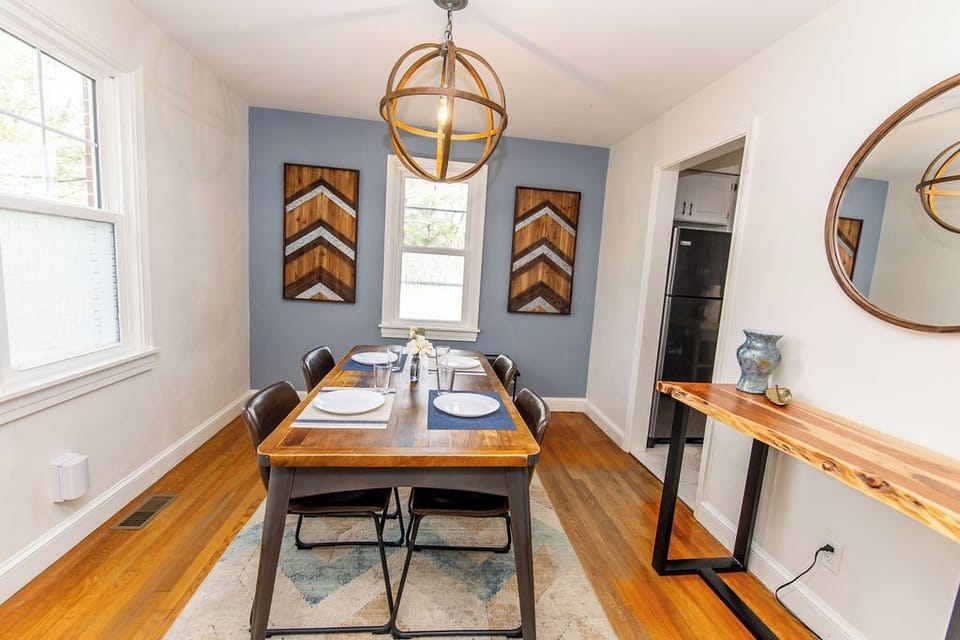 Dedicated dining room with solid wood table