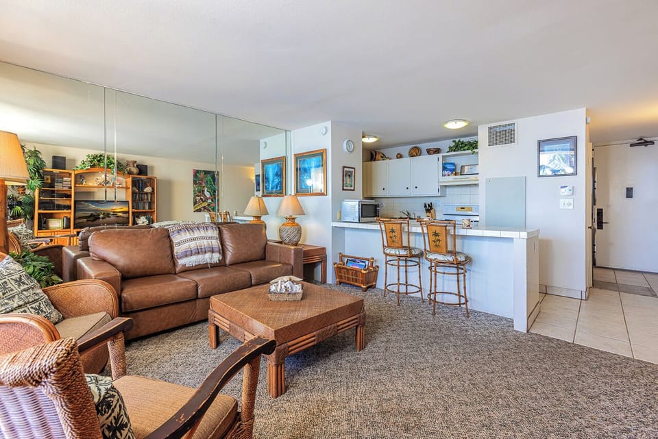 Open layout with bar seating and natural light