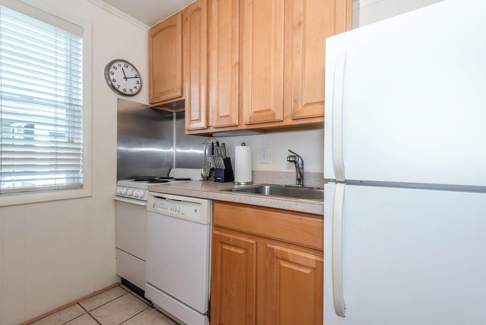 Kitchen includes dishwasher, fridge, microwave, electric oven, toaster