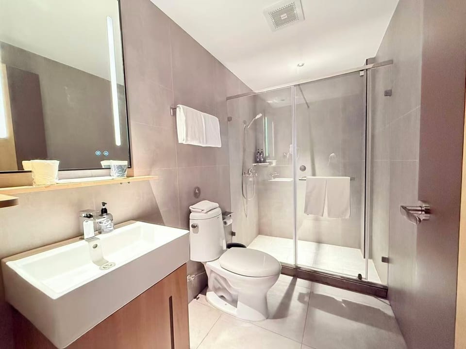 Shower, free toiletries, hair dryer, slippers