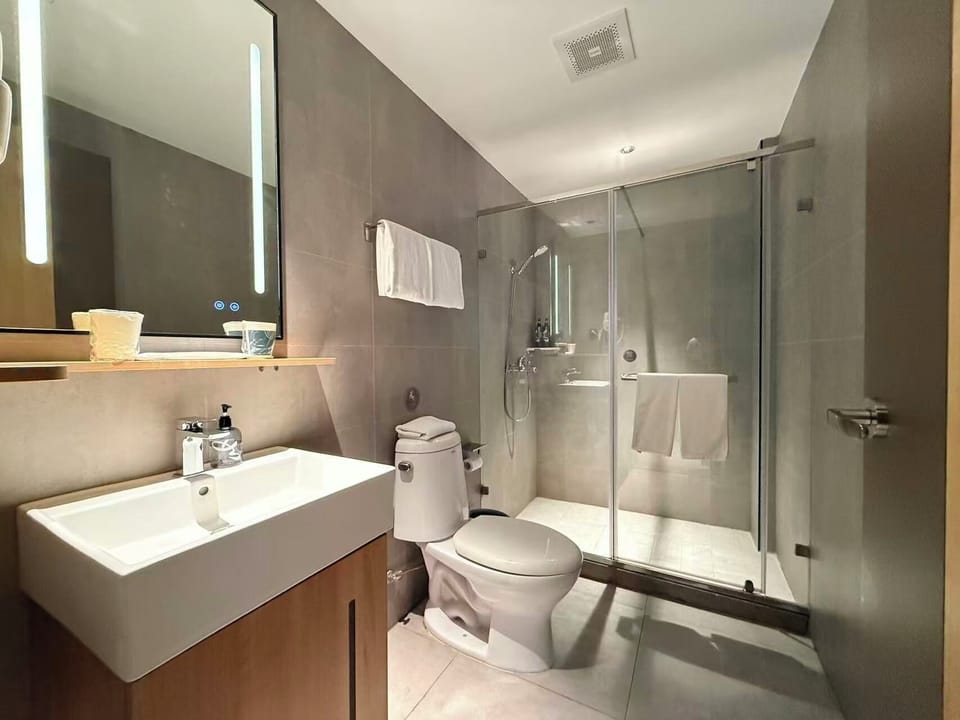 Shower, free toiletries, hair dryer, slippers