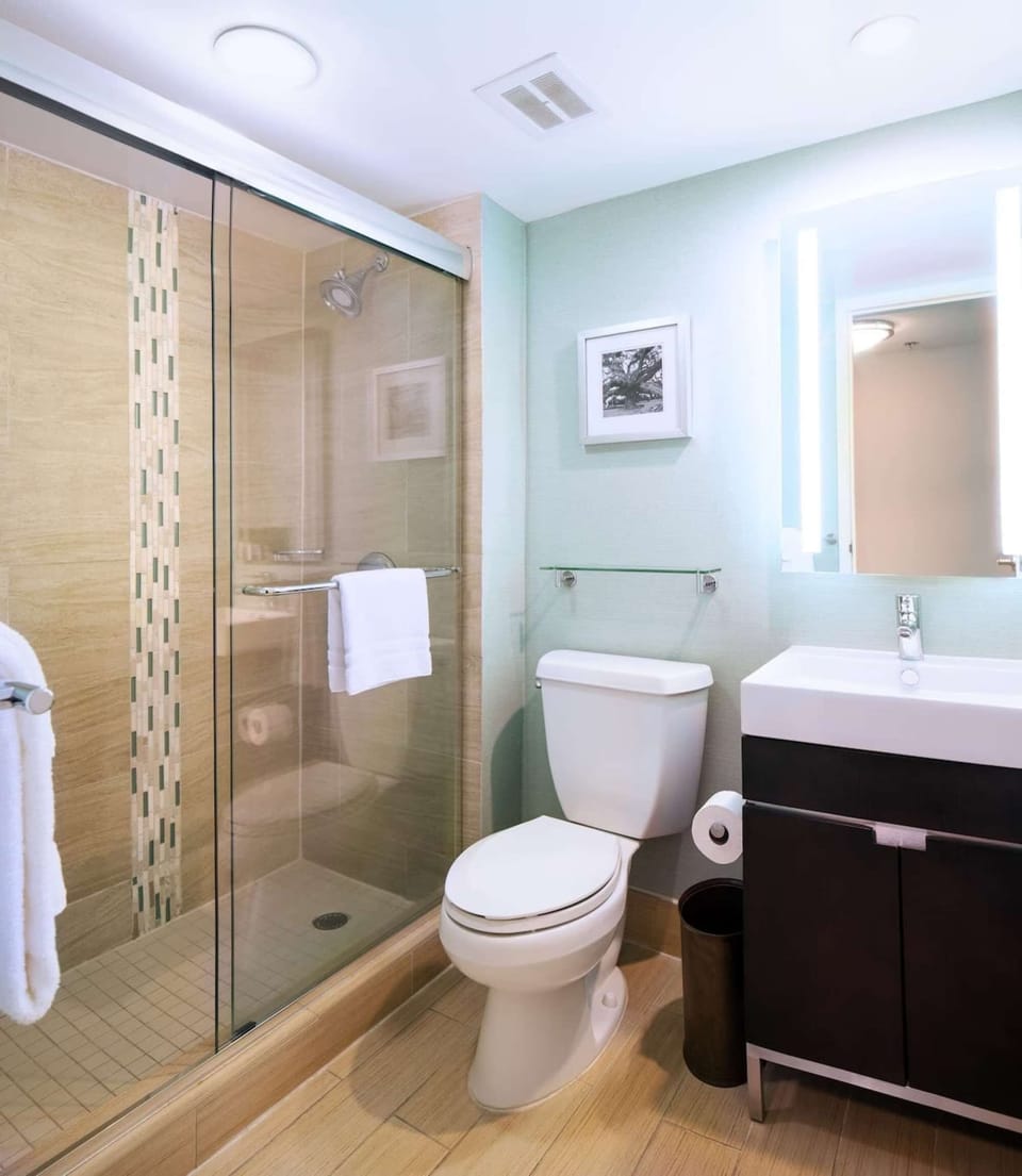 Bathroom with walk-in shower and lighted vanity mirror