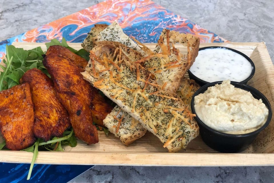 Focaccia and plantains meal.