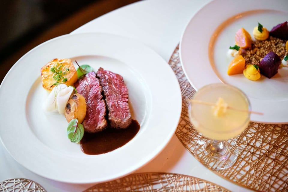 Gourmet steak dinner plate.