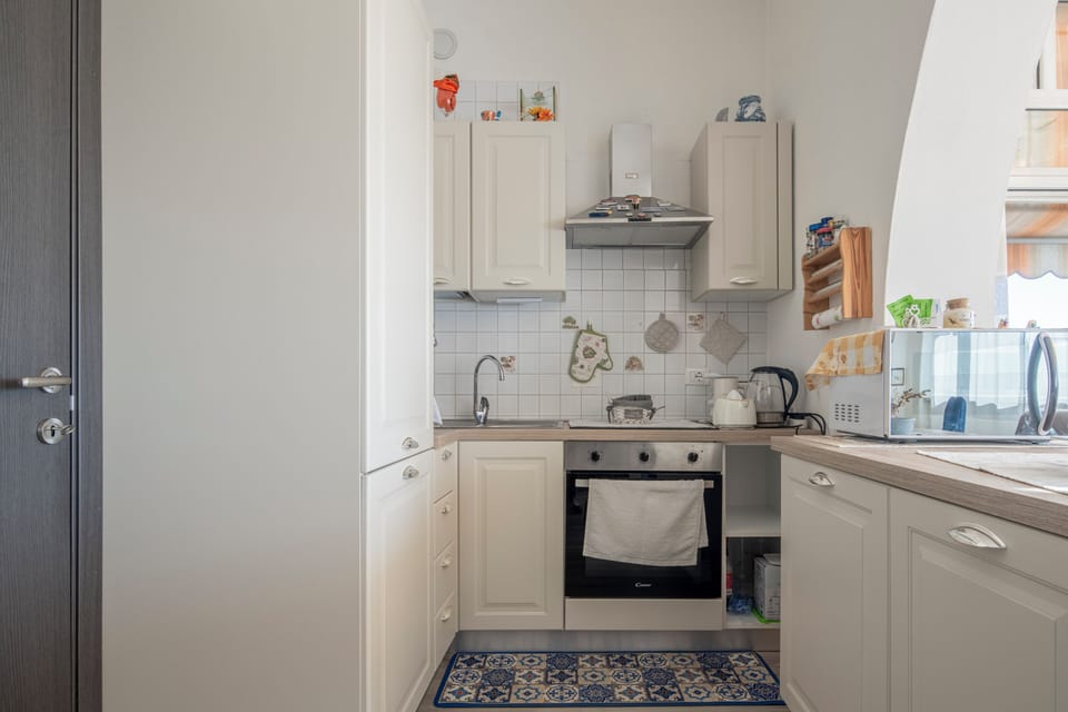 Apartment, Patio, Sea View | Private kitchen | Fridge, microwave, oven, stovetop