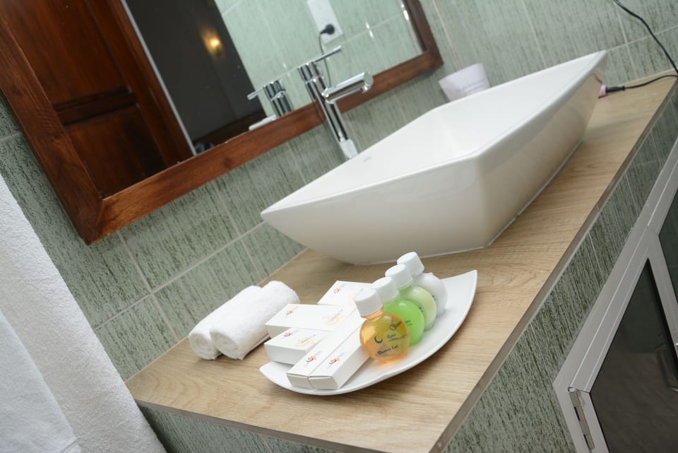 Shower, free toiletries, hair dryer, towels