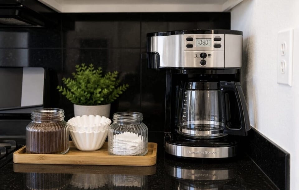 Coffee station with a full-size drip coffee maker.