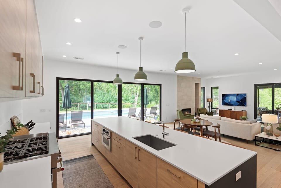 Gather around the 14-foot island in this stunning gourmet kitchen