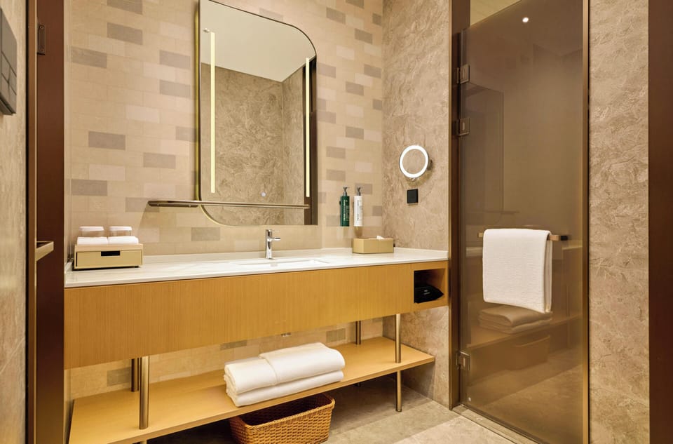 Shower, rainfall showerhead, hair dryer, slippers