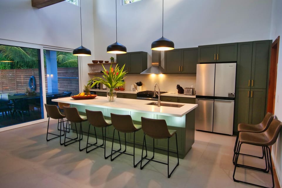 Modern kitchen with sleek island and garden views