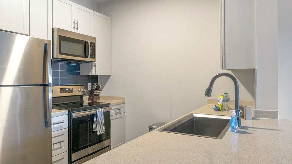 Apartment (1 Bedroom) | Private kitchen | Fridge, microwave, oven, stovetop
