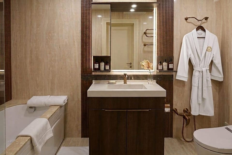Shower, hair dryer, bathrobes, bidet