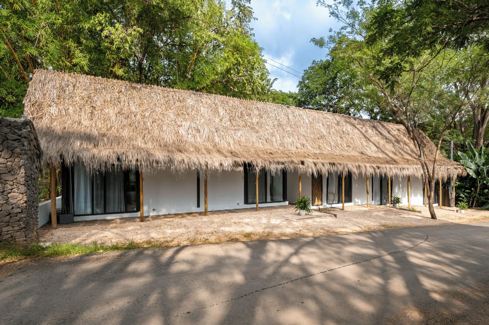 Full property exterior — daytime, wide angle, thatched roof