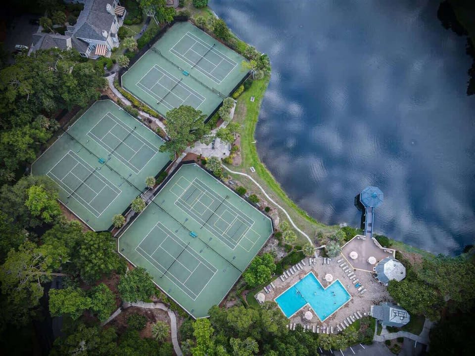 Aerial of Community Pool and Tennis Courts 
