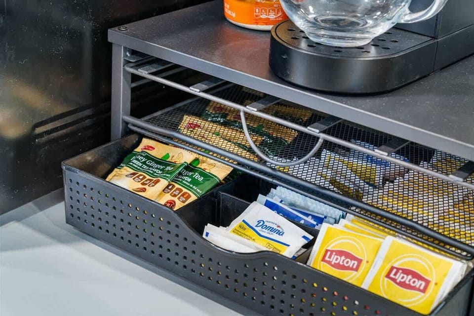 Start your morning right with a coffee or tea from the well-stocked beverage station.