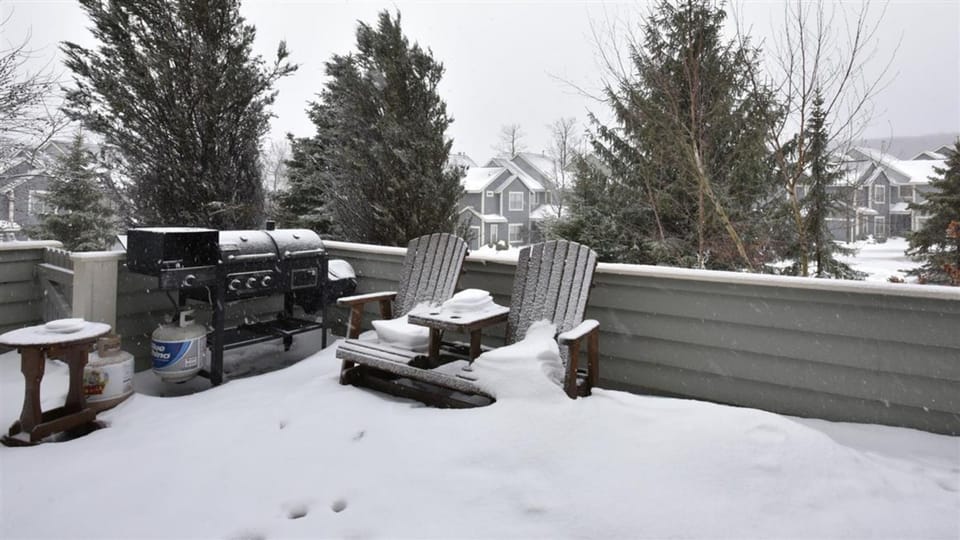 Snow-dusted views from the private deck bring a touch of winter magic, making every morning feel like a retreat.