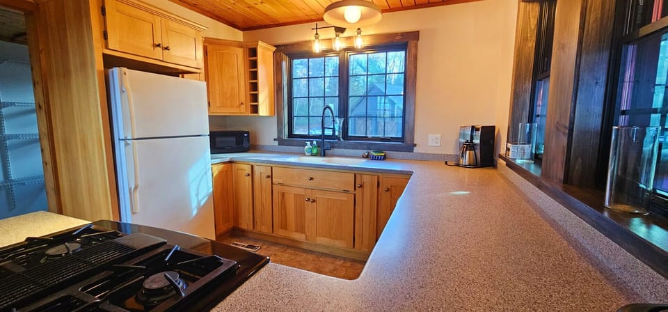 Spacious cabin kitchen with modern appliances, ample counter space, and warm wood finishes, perfect for preparing meals during your stay.
