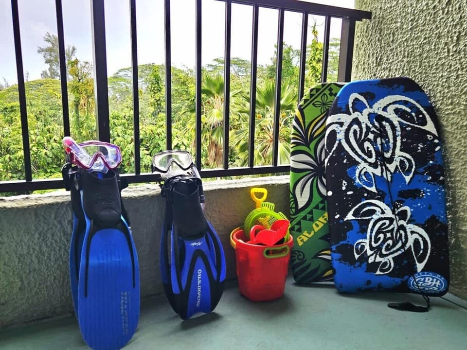 A well appointed beach container has snorkeling gear and plenty of kids toys. 