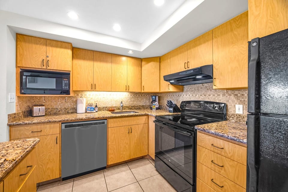 Cook comfortably in a well equipped vacation kitchen