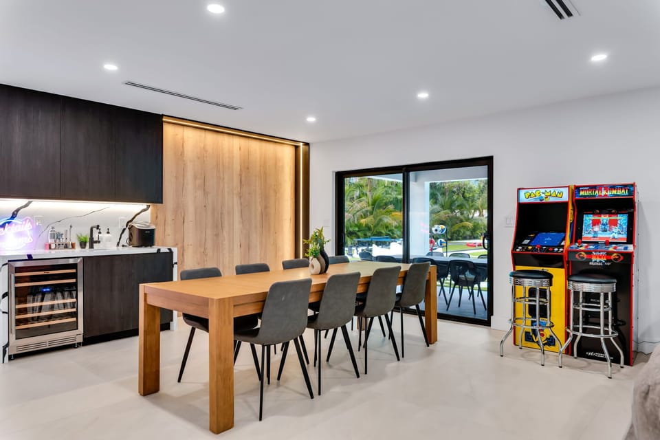 Dining area with arcade games just steps away
