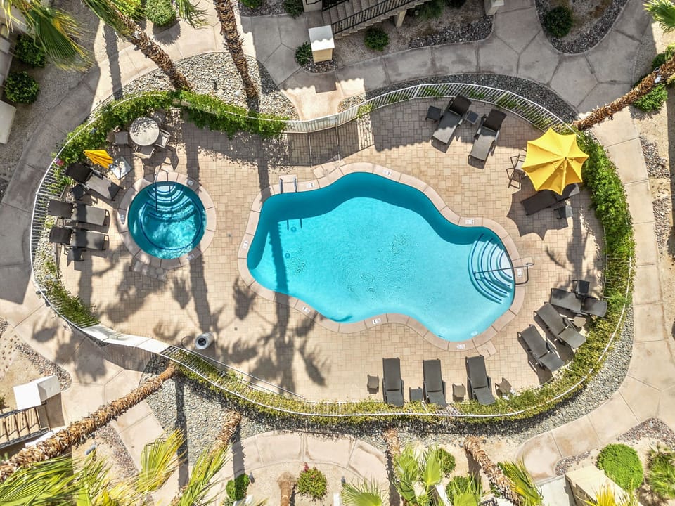Aerial view of the pool and resort grounds