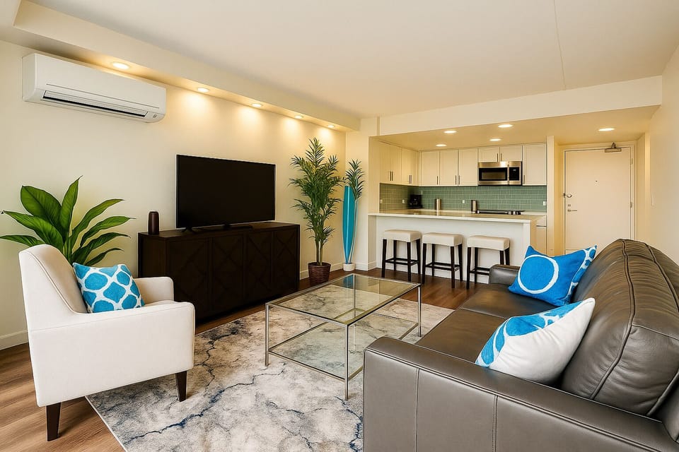 This stylish living room offers comfortable sofa, Ideal for lounging after beach
