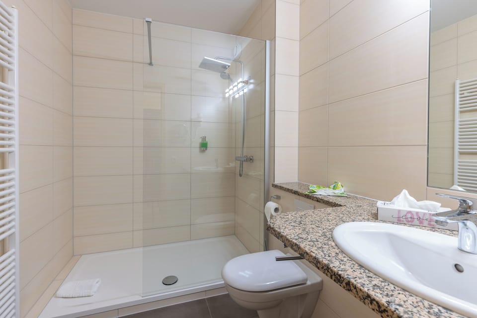 Hair dryer, towels, soap, shampoo