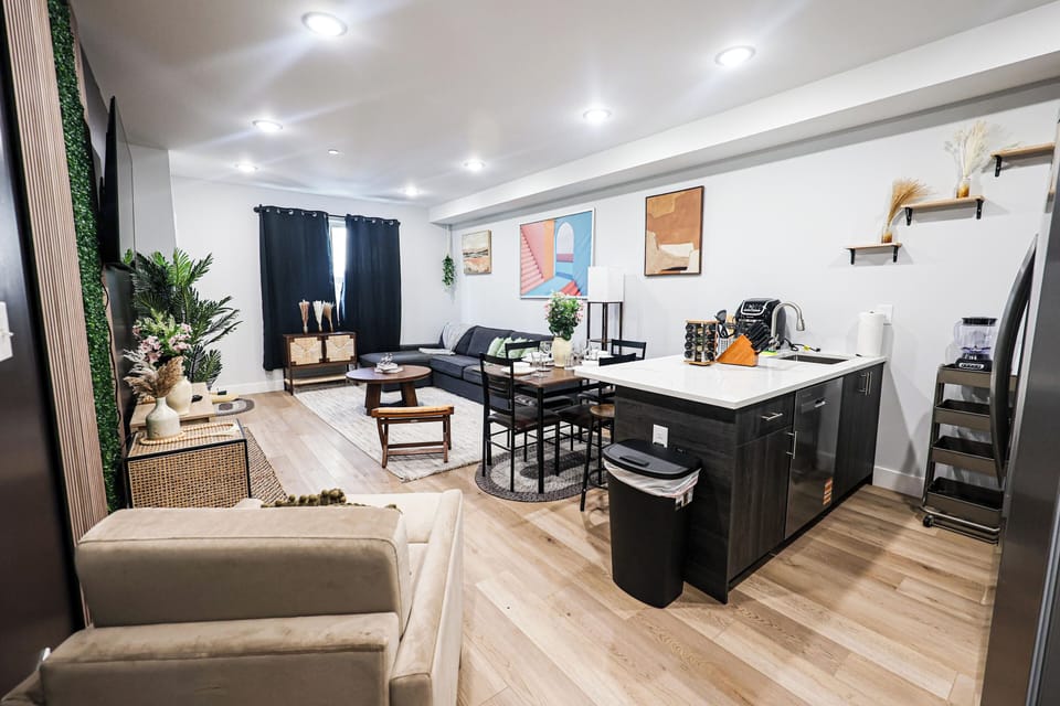 Thoughtful lighting creates a warm, inviting atmosphere.

