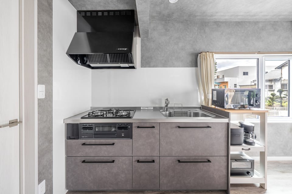 Fridge, microwave, stovetop, rice cooker