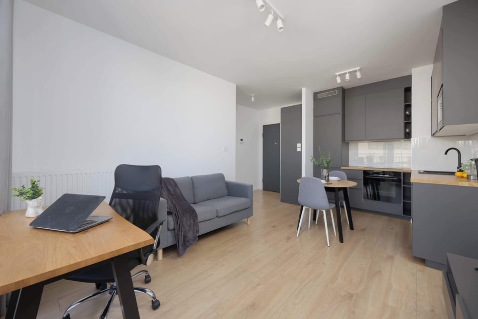 The open layout connects the living and kitchen areas, creating a modern and functional interior.