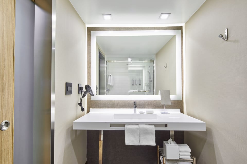 Rainfall showerhead, free toiletries, hair dryer, towels