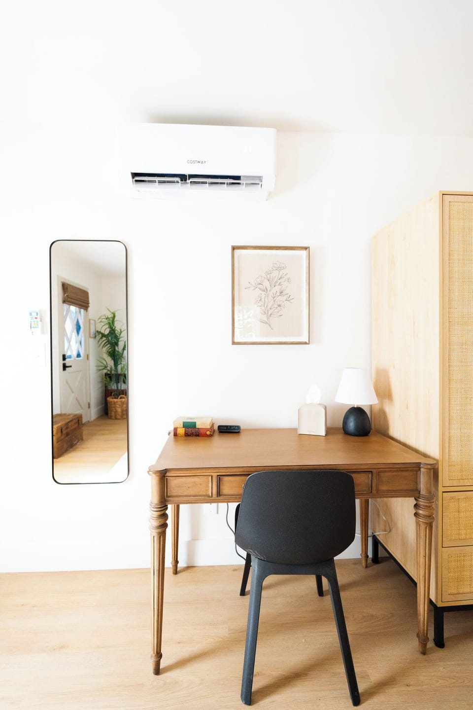 Quiet desk nook with ethernet for steady internet, journaling, or planning hikes.
