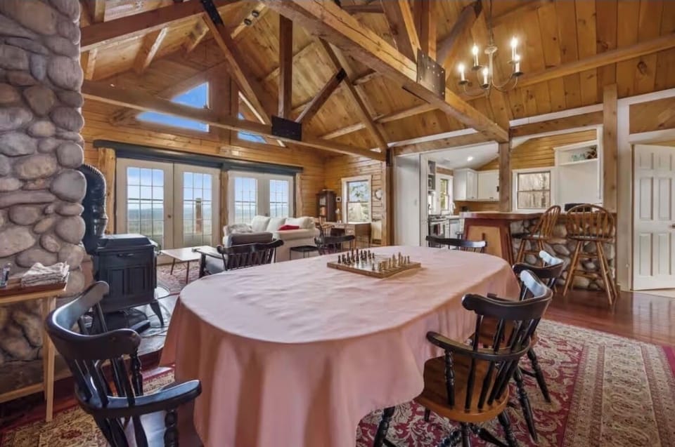 Open dining, living, and kitchen spaces