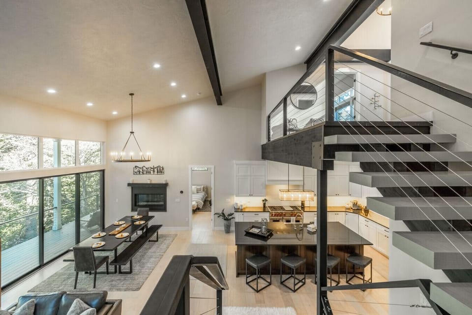 Open kitchen and dining area with space to cook, eat, and hang out as a group.