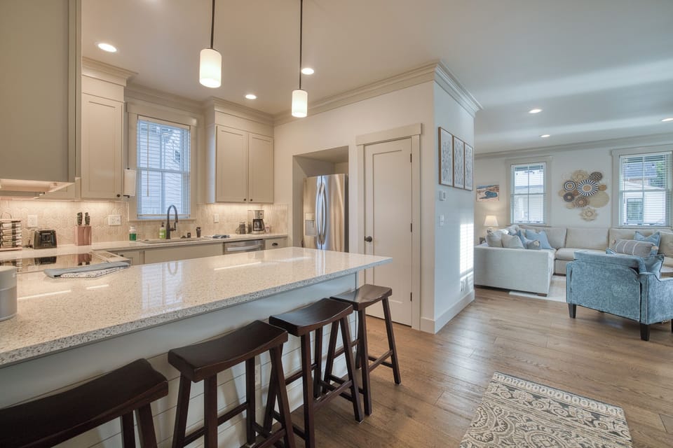 The kitchen and open concept to the living room.