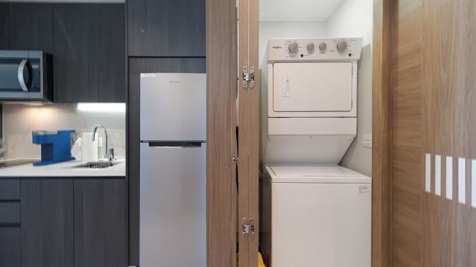 a stacked washer and dryer along with the refrigerator