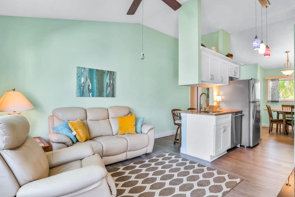 Kitchen seamlessly blends into living room area- perfect for entertaining