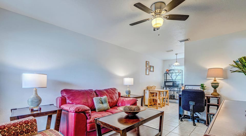 Comfortable couches and remote work desk