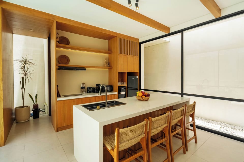 Standard Villa, Pool View | Private kitchen | Fridge, microwave, oven, stovetop