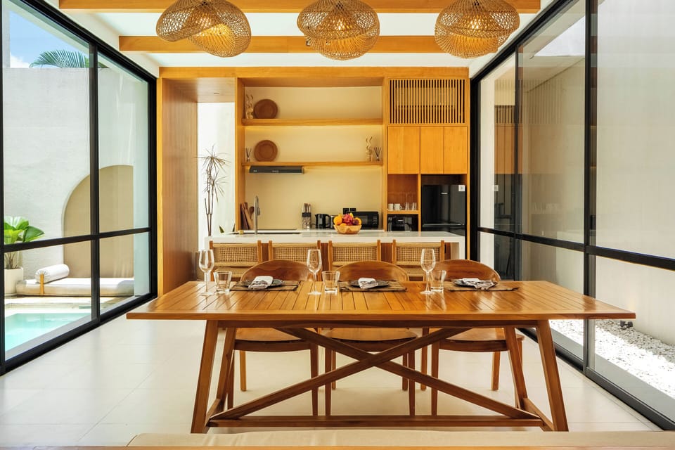 Standard Villa, Pool View | Private kitchen | Fridge, microwave, oven, stovetop