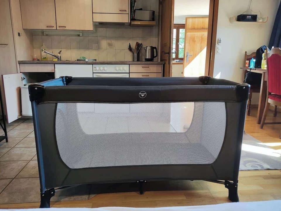 Foldaway baby bed available when needed
