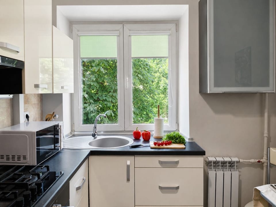 Classic Apartment, Balcony, Courtyard View | Private kitchen | Electric kettle, griddle, cleaning supplies, paper towels