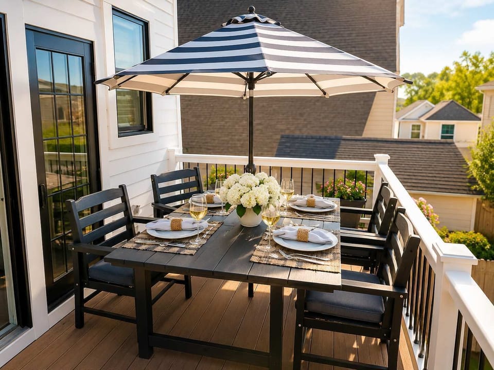 The private deck offers the perfect setting for outdoor dining and relaxing.