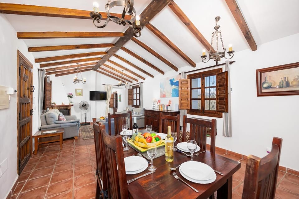 Living room with sofas, dining area, ornamental fireplace, WiFi internet, and satellite TV