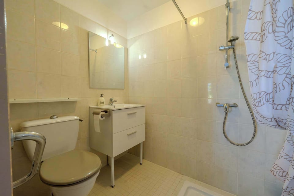 Salle de bain avec douche et toilettes