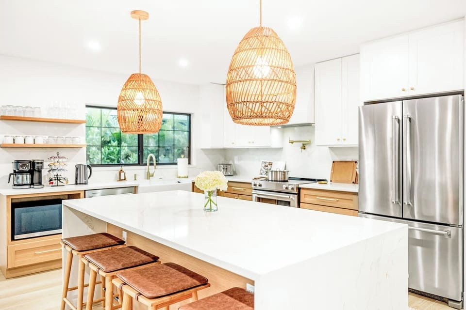 Gather around the spacious island with seating for four