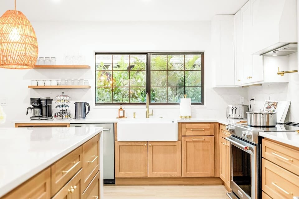 Fully stocked kitchen with Quince non-toxic cookware — perfect for chef meals.