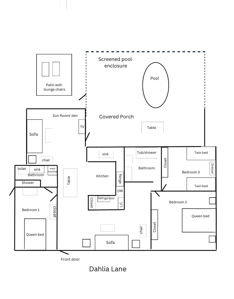 Floor plan of house & pool
